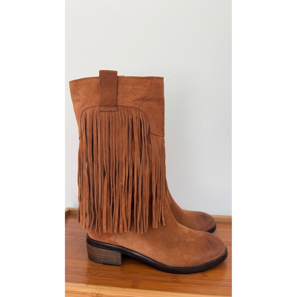 Lucky Brand Brown Suede Fringe Western Boots Womens 8M Cognac Boho Pull On - Picture 14 of 16